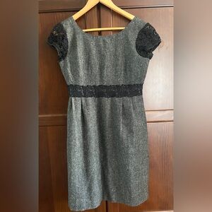 J. Crew Tweed Corpcore Midi Dress Grey with Black Lace Trim Size 2